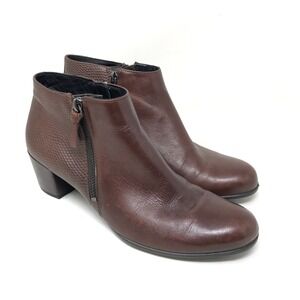 ECCO Boots Women 40 Shape 35 Ankle Boots Brown Leather Textured Block Heel Zip